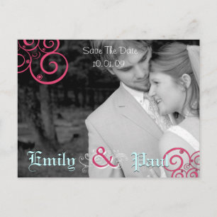 Pink & Aqua Swirls Save The Date with Your Photo Announcement Postcard