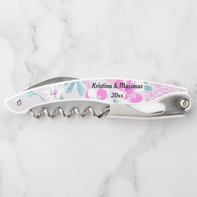 PINK AQUA WHITE FLORAL CUSTOMIZABLE CORKSCREW (Back)