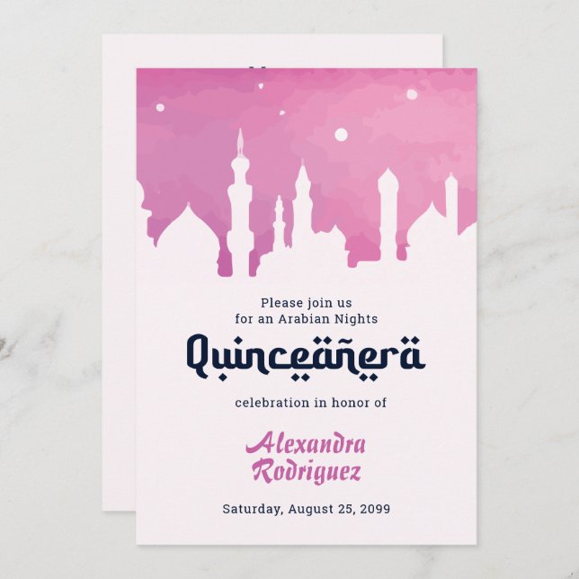 Pink Arabian Nights Watercolor Quinceañera Invitation (Front/Back)
