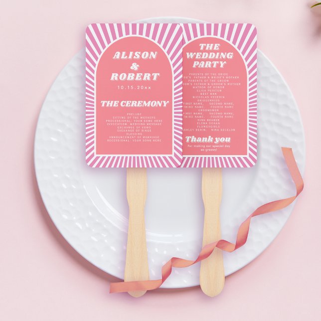 Pink arch and sunrays groovy wedding program hand fan (Creator Uploaded)