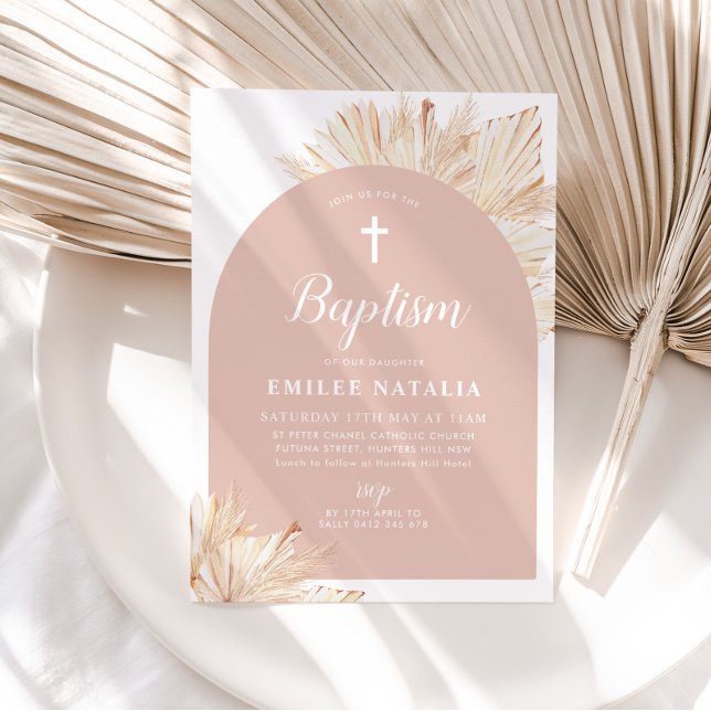 Pink Arch Boho Floral Girls Baptism Christening Invitation (Pink Boho Baptism Invitation)