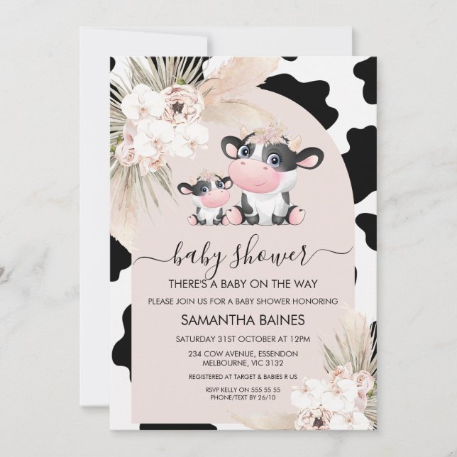 Pink Arch Floral Holy Cow Cow Print Baby Shower Invitation (Front)