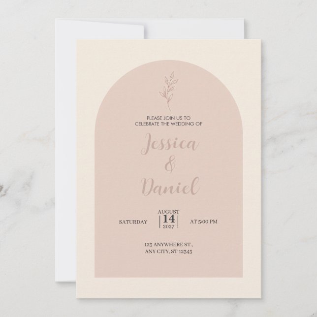 Pink Arch Line Art Leaf Stem Wedding Invitation (Front)