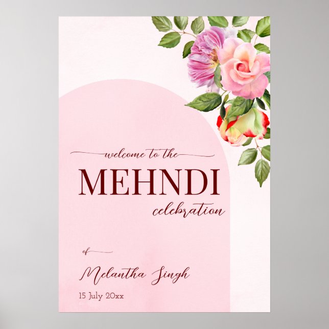 Pink arch with roses personalised mehndi welcome poster (Front)