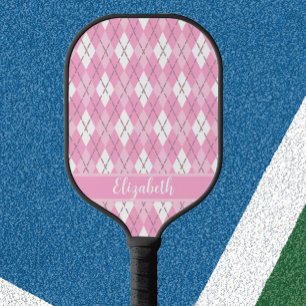 Pink argyle custom name preppy pickleball paddle