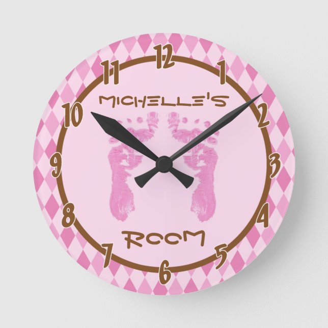 Pink Argyle Diamond Baby Feet Personalised Clock (Front)