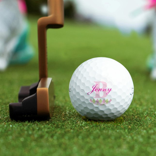 Pink argyle monogram name golf monogram balls (Creator Uploaded)