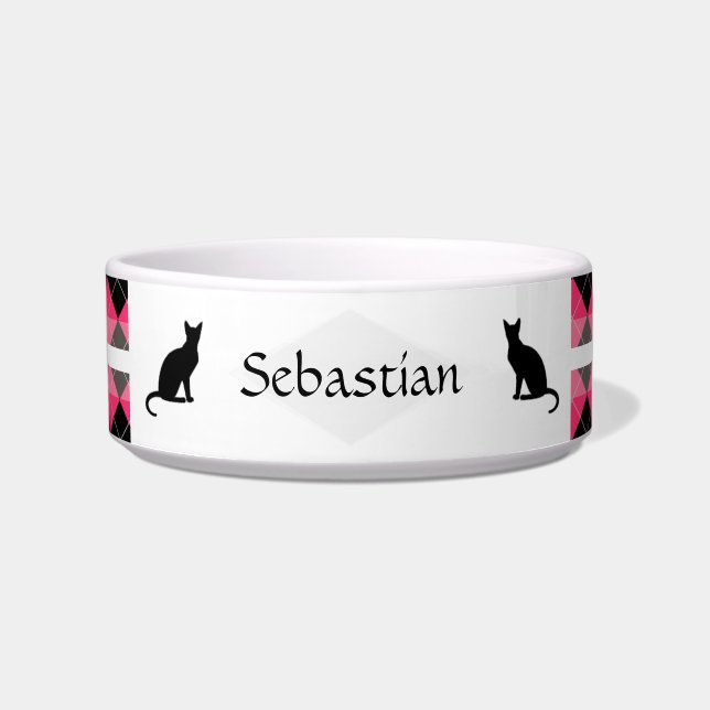 Pink Argyle Personalizable  Cat Food Bowl (Front)