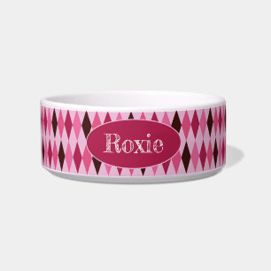 Pink Argyle Valentine's Day Ceramic Pet Bowl