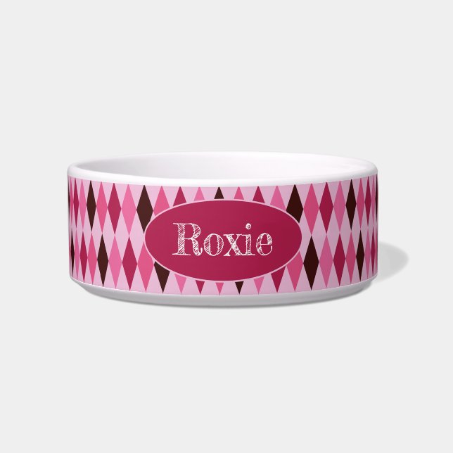 Pink Argyle Valentine's Day Ceramic Pet Bowl (Front)
