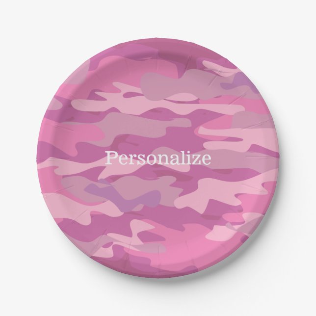 Pink army camo camouflage paper party plates (Front)