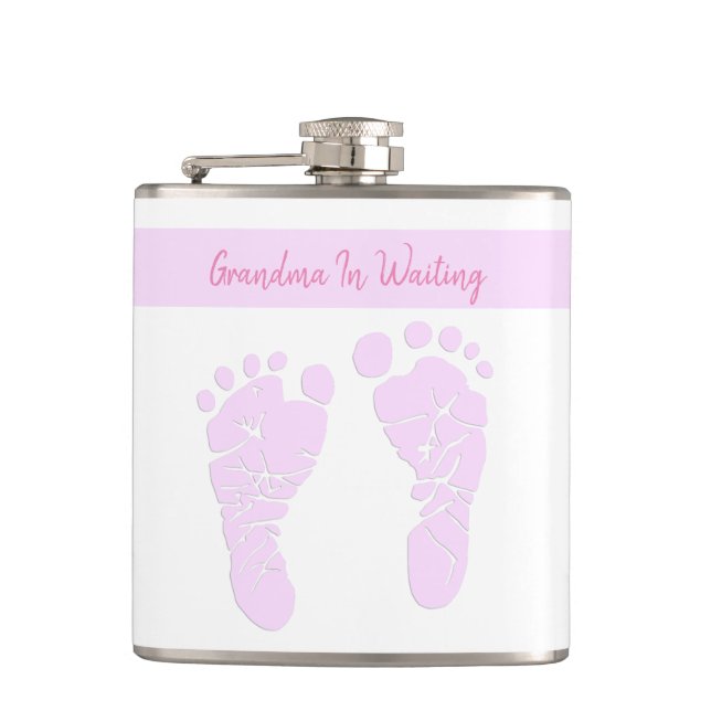 Pink Art Baby Footprints Grandma To Be Pregnancy Hip Flask (Front)