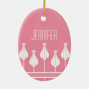 Pink Art Deco Floral Oval Ornament