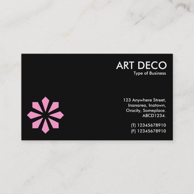 Pink Art Deco Flower Symbol - Black Business Card (Front)