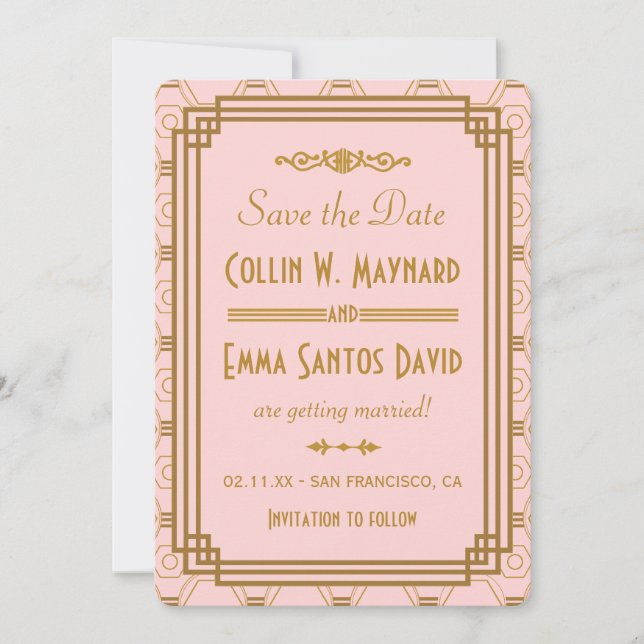Pink Art Deco Save The Date Invites (Front)