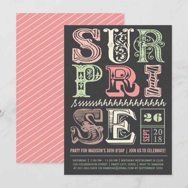 Pink Art Deco Surprise Party Adult Birthday Invite (Front/Back)