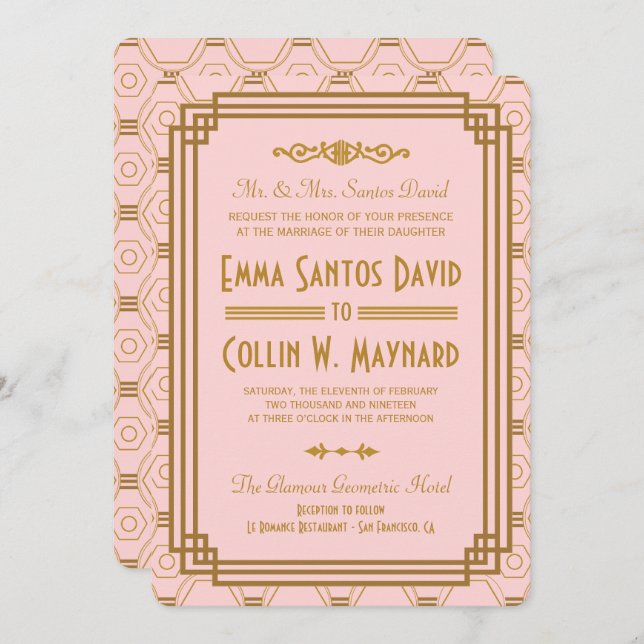 Pink Art Deco Wedding Invitations (Front/Back)