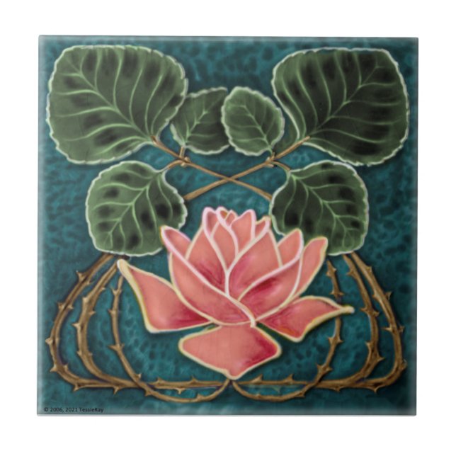 Pink Art Nouveau Rose Jugendstil Repro c1900 Tile (Front)