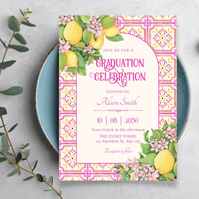 Pink Artistic tile floral graduation Invitation (Creator Uploaded)