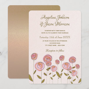 Pink Artsy Rose Floral Wedding Invitation