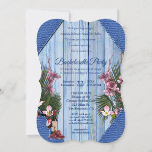Pink Arty Flowers Blue-wood Texture Bachelorette Invitation