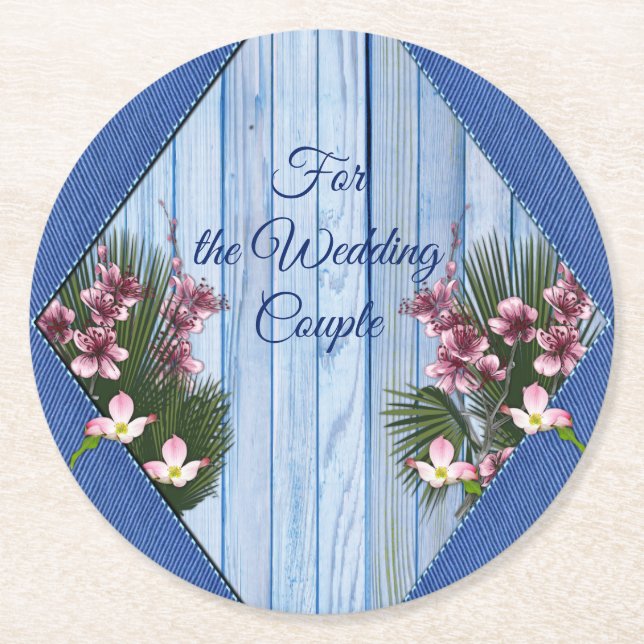 Pink Arty Flowers on Blue-wood-Fabric texture Round Paper Coaster (Front)