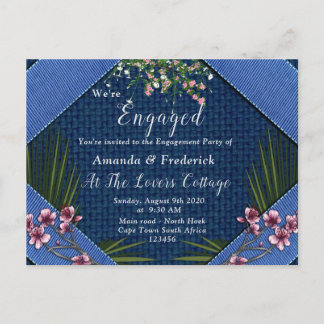 Pink arty Flowers on Blue-wood texture Engagement Invitation Postcard