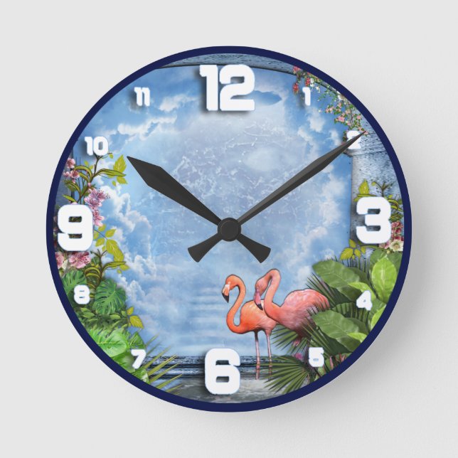 Pink Arty Flowers on Blue-wood  texture Round Clock (Front)
