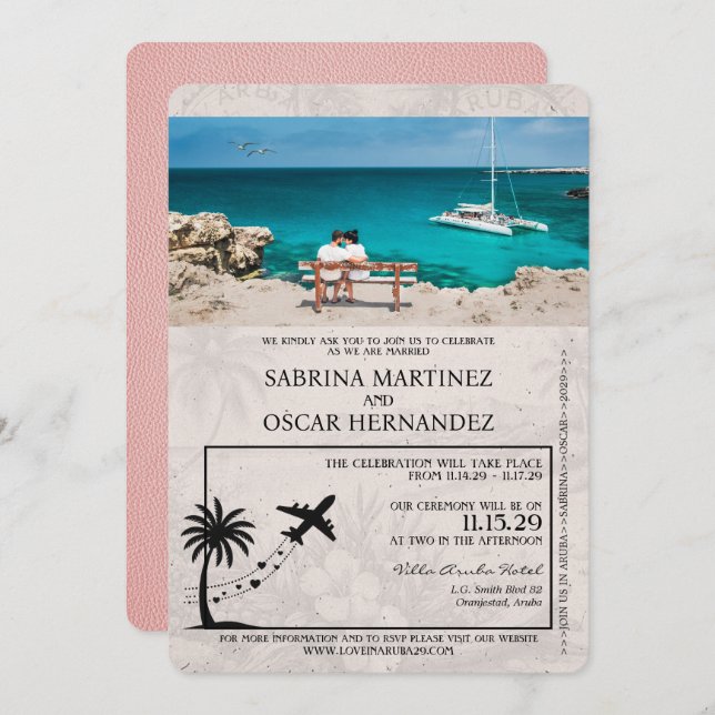 Pink Aruba Passport Wedding Invitation (Front/Back)