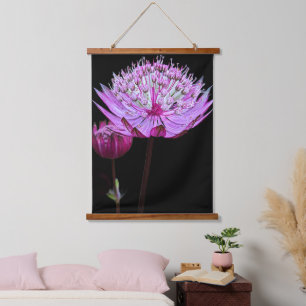 Pink Astrantia Flower on Black Floral Hanging Tapestry