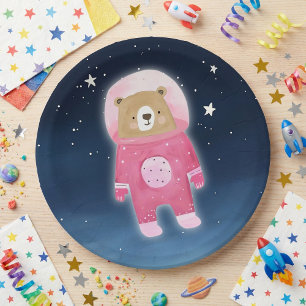Pink Astronaut Bear Space Baby Shower Paper Plate