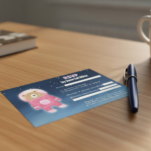 Pink Astronaut Bear Space-Themed RSVP Card