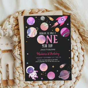 Pink Astronaut Galaxy First Birthday Invitation