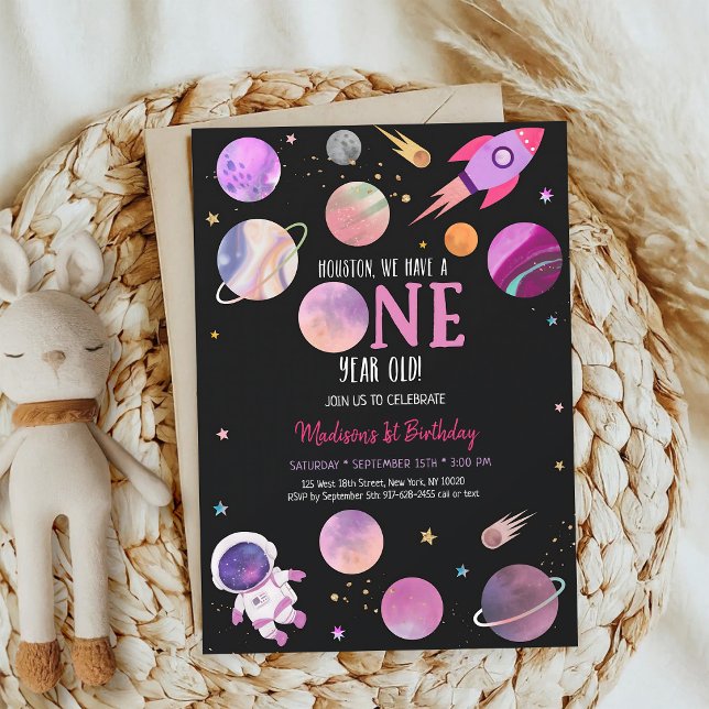 Pink Astronaut Galaxy First Birthday Invitation (Creator Uploaded)