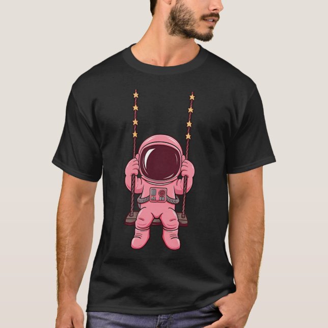 Pink Astronaut On The Swing - Cute Astronaut T-Shirt (Front)