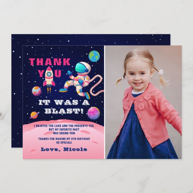 Pink Astronaut Outer Space Birthday Photo Thank You Card (Front/Back)