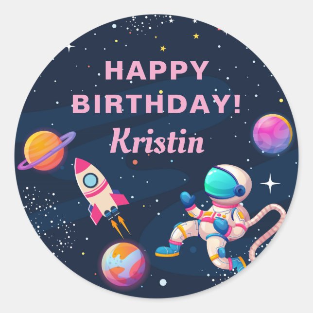 Pink Astronaut Outer Space Rocket Ship Birthday Classic Round Sticker (Front)