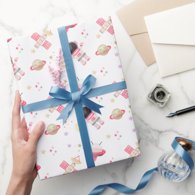 Pink Astronaut Space Birthday Invitation Wrapping  Wrapping Paper (Gifting)