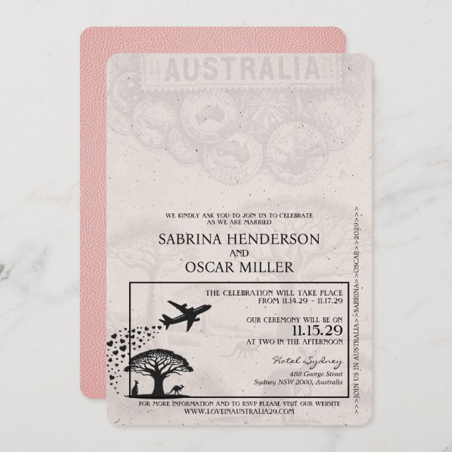 Pink Australia Passport Wedding Invitation (Front/Back)