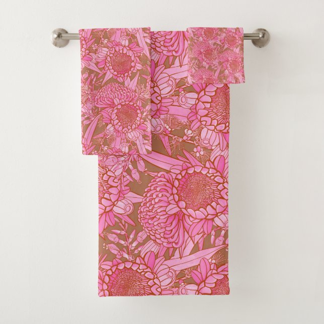 Pink Australian Protea And Waratah Pattern  Bath Towel Set (Insitu)