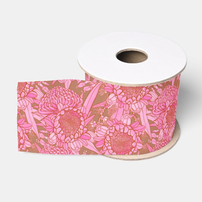 Pink Australian Protea Waratah Pattern Grosgrain Ribbon (Spool)