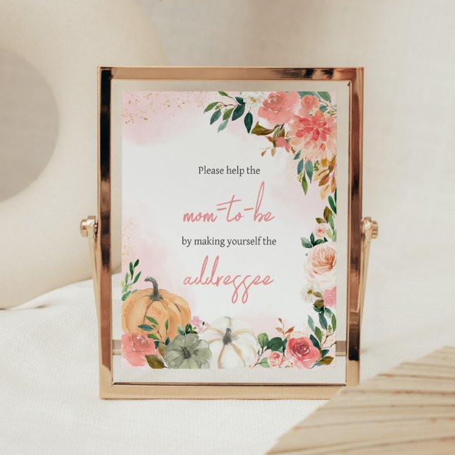 Pink Autumn Fall Floral Pumpkin Envelope Station Poster (Autumn Floral Pumpkin Baby Shower Envelope Station Sign)