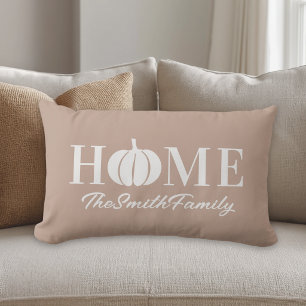 Pink Autumn Home White Pumpkin Custom Family Name Lumbar Cushion