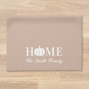 Pink Autumn Home White Pumpkin Custom Family Name Tea Towel