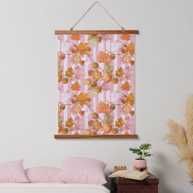 Pink Autumn Leaves and Acorns Pattern - Fall Hanging Tapestry (Bedroom)