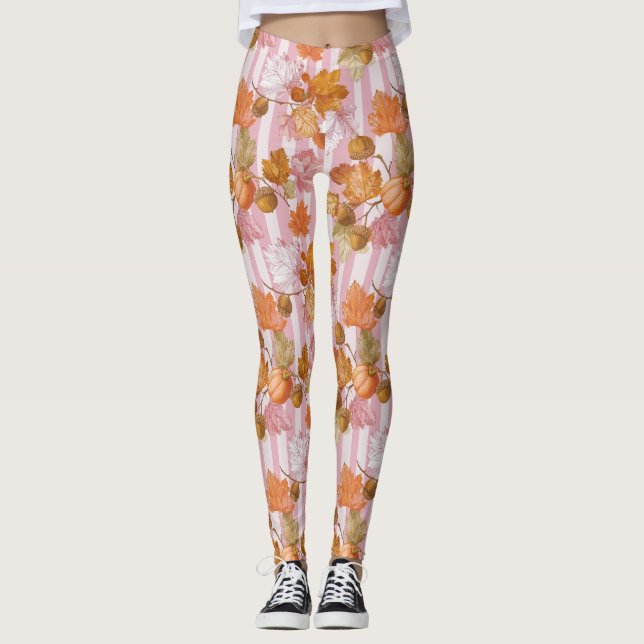 Pink Autumn Leaves and Acorns Pattern - Fall Leggings (Front)