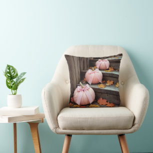 Pink Autumn Pumpkins and Fall Leaves Cushion