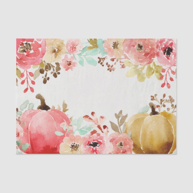 Pink Autumn Pumpkins and Flowers Fall Decoupage Tissue Paper (Front)
