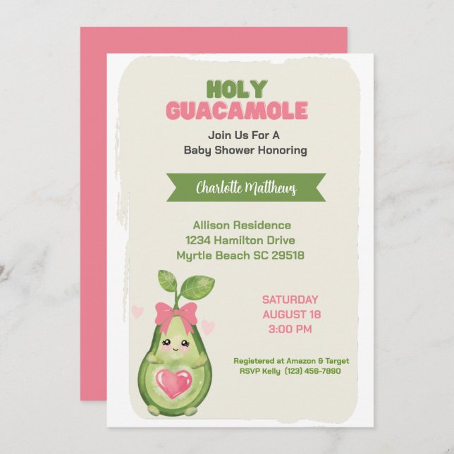 Pink Avocado Holy Guacamole  Baby Shower  Invitation (Front/Back)