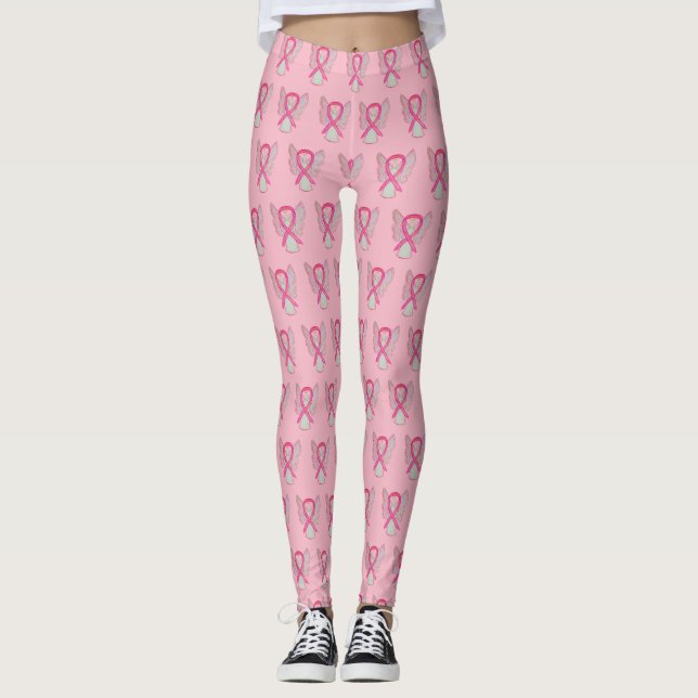 Pink Awareness Ribbon Angel Breast Cancer Leggings (Front)